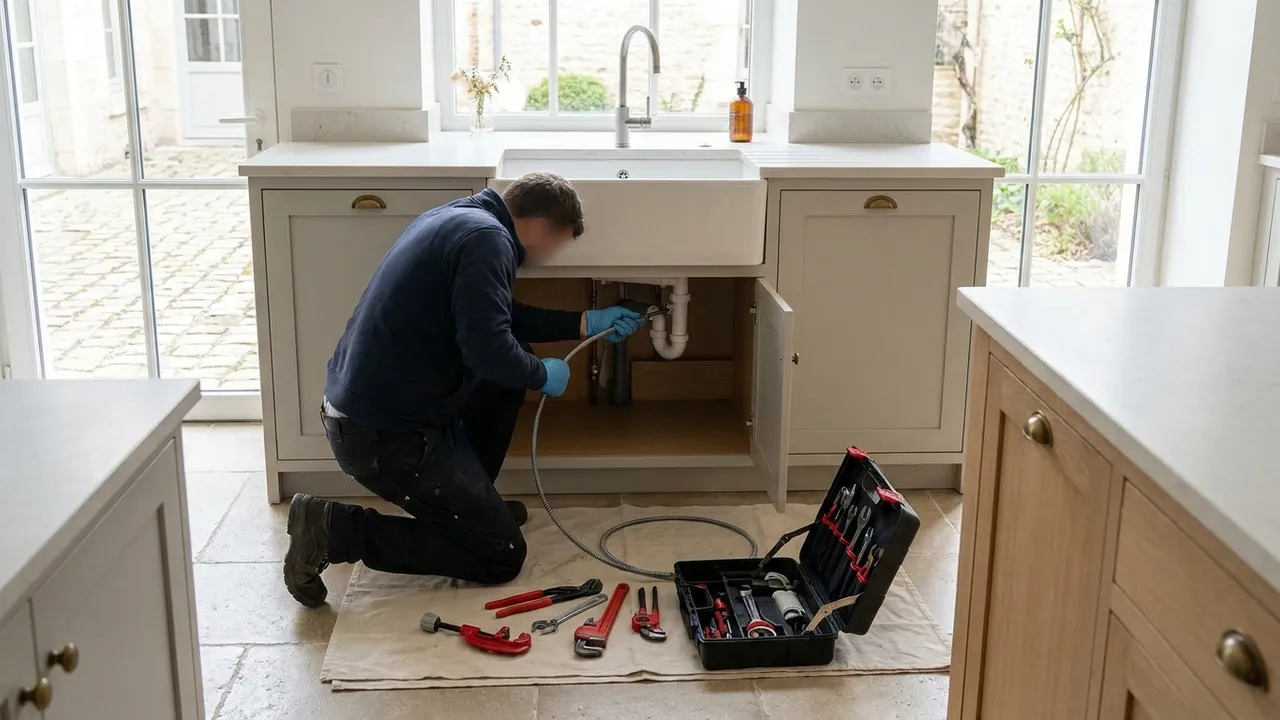 Plombier dégageant une canalisation d'évier au furet professionnel dans une cuisine d'appartement à Paris 20