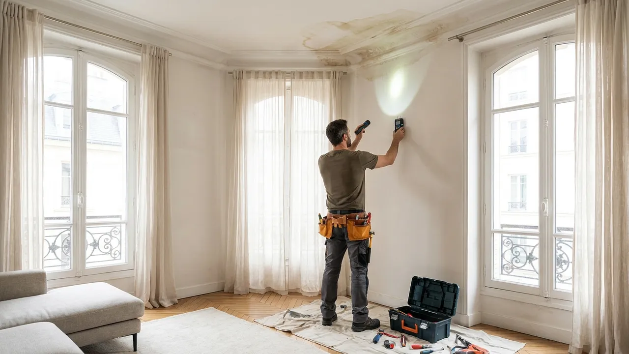Plombier examinant une auréole d'humidité au plafond avec une lampe et un humidimètre dans un salon parisien du 20e