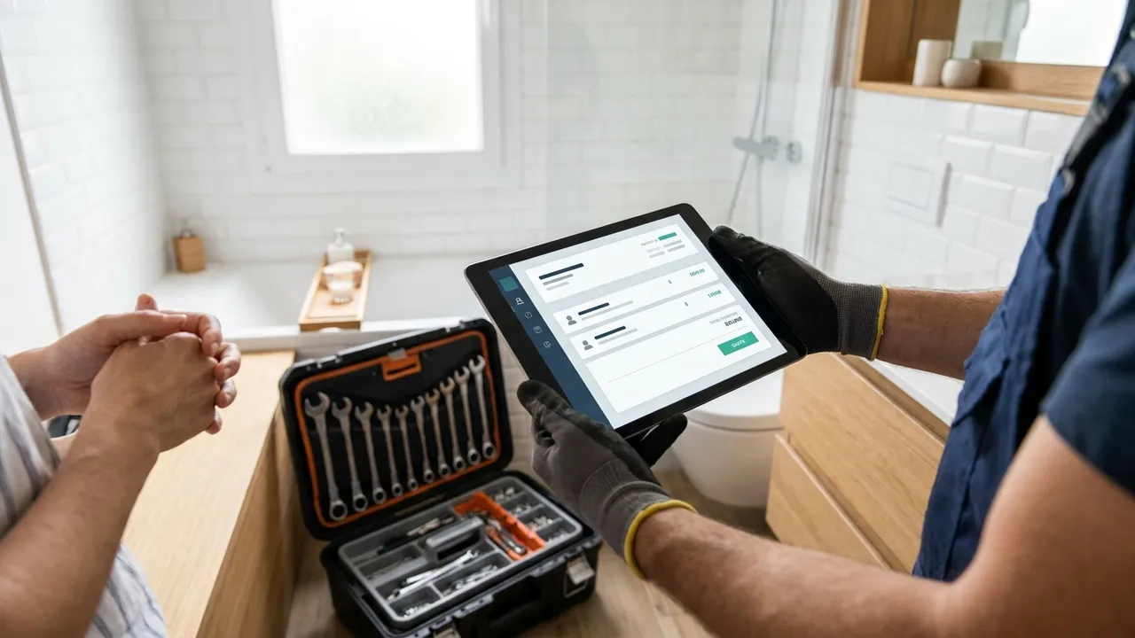 Plombier remettant un devis détaillé sur tablette à une cliente dans un appartement du 20e arrondissement de Paris