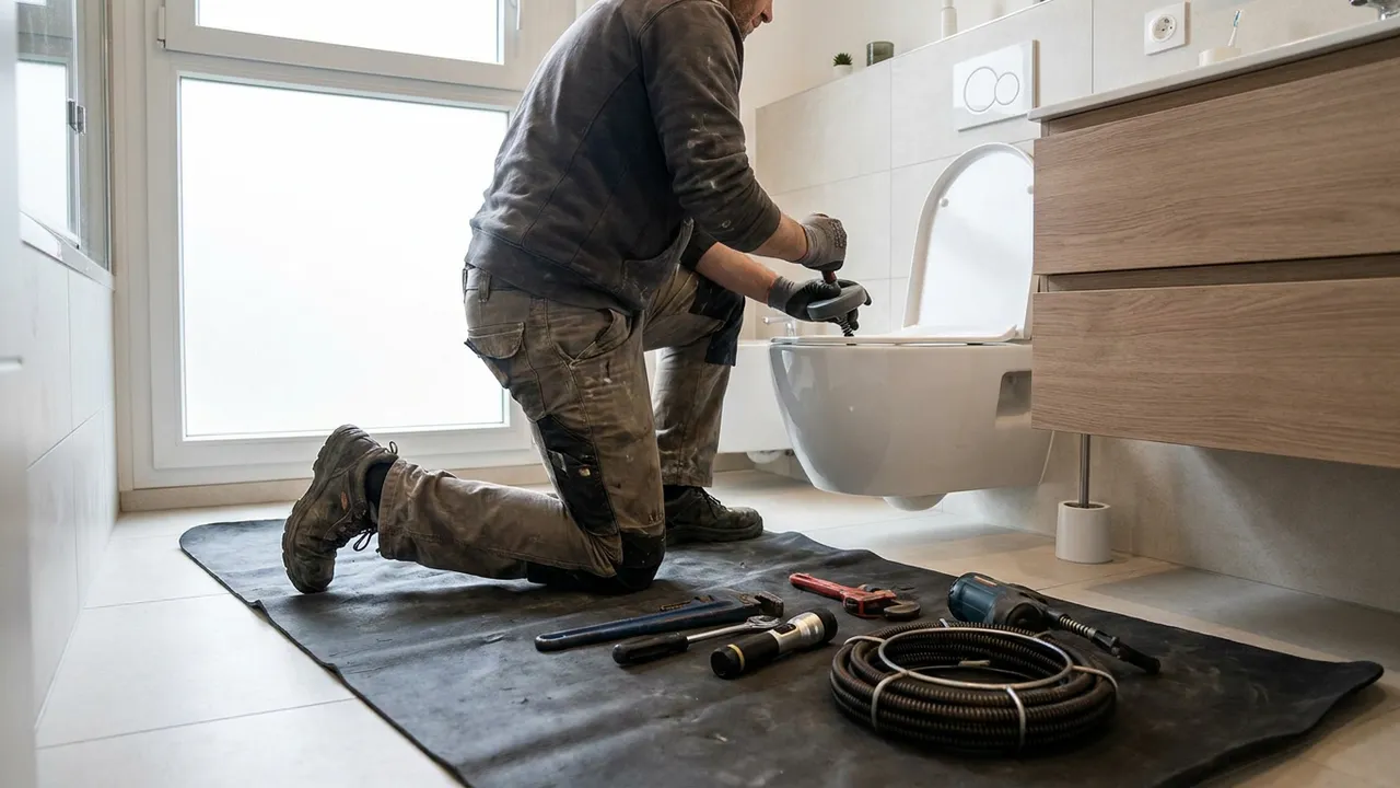 Plombier débouchant des toilettes au furet dans une salle d'eau d'appartement à Ménilmontant, Paris 20